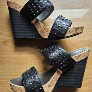 A.N.A. A New Approach Black leather studded wedges size 7